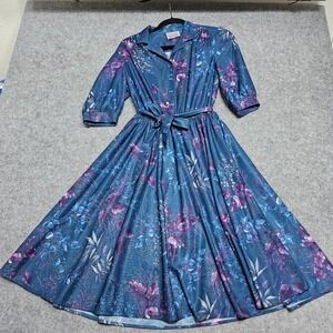 Vintage California Looks Floral Button Up Dress Women Size 12P Blue Polyester